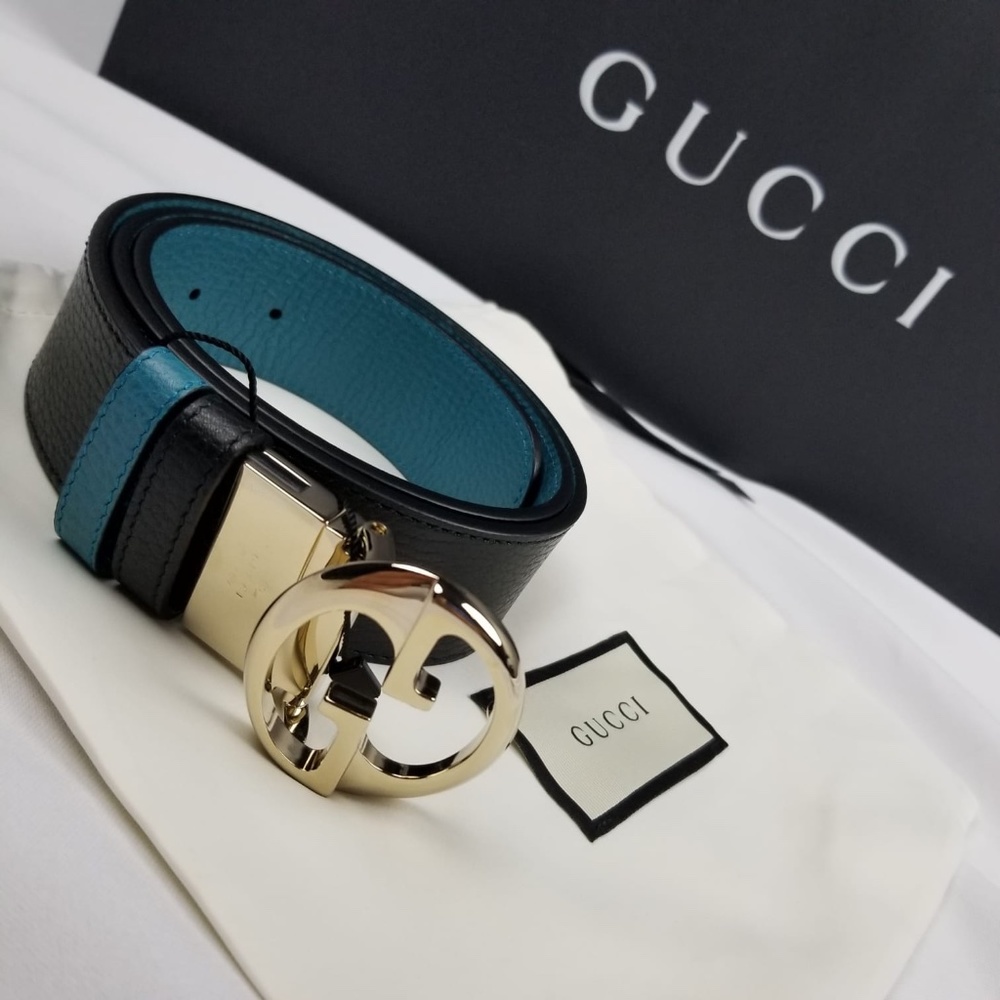 NWT Gucci GG Reversible Black/Teal Belt Size 85&90